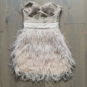 Bebe Strapless Feathered Dress with Studded Bodice